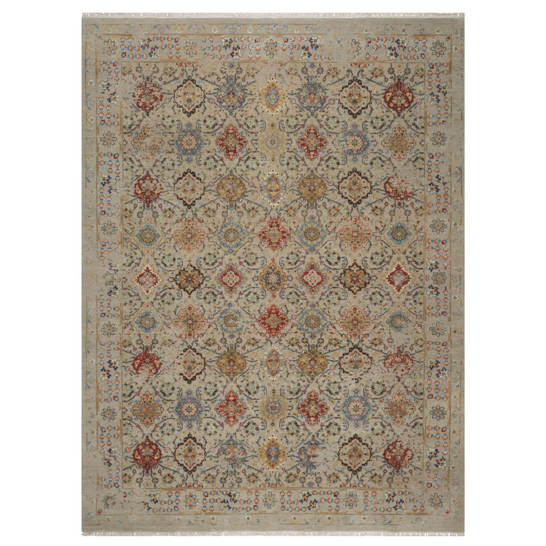 8'10"x12' Biscotti Beige, Hand Knotted, THE SUNSET ROSETTES with Soft Color Palette, Wool and Pure Silk, Oriental Rug 
